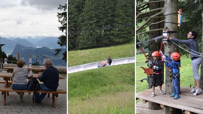 Idosos, adultos e crianças no Monte Pilatus