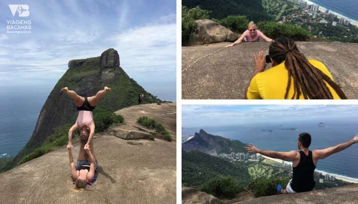 Poses para fotos no topo da Pedra Bonita