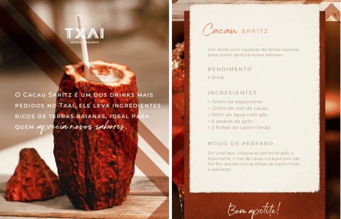 Receita Drink Cacau Spritz do Txai Resort Itacaré - Viagens Bacanas