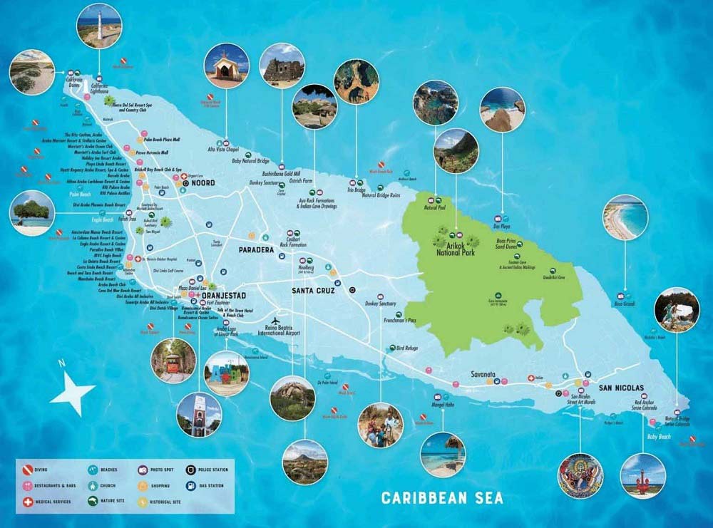 Mapa de atrações em Aruba 