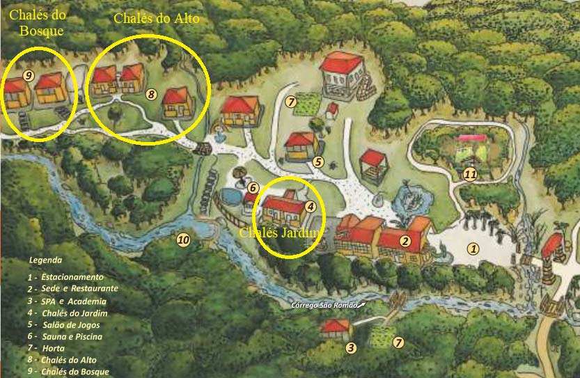Mapa da localização dos chalés na Villa São Romão